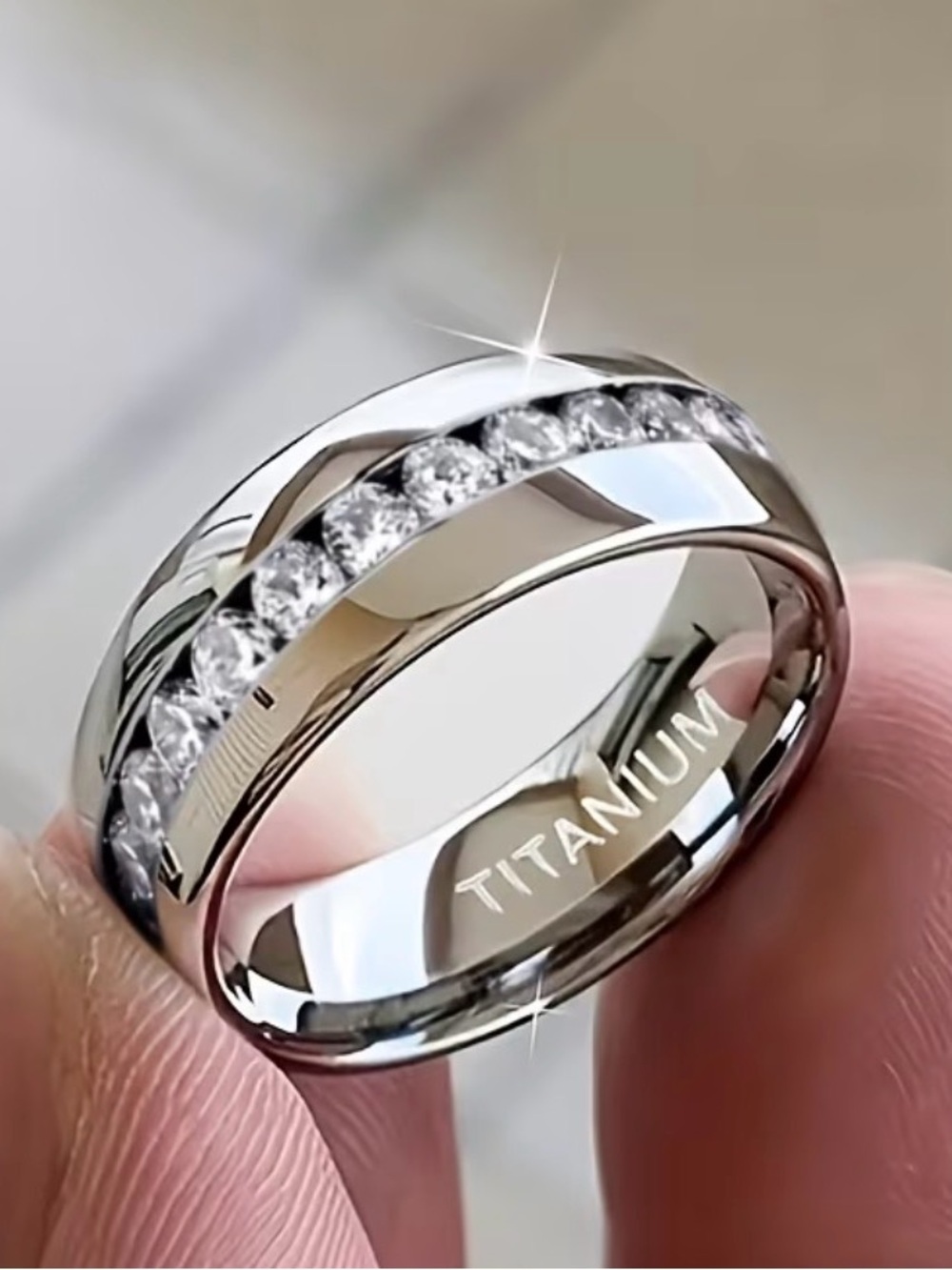 6mm wide full Row Titanium Synthetic Zirconia Ring with Clear Crystal Channel
